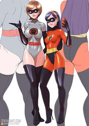 2girls armwear black_hair blue_eyes bodysuit boots brown_eyes brown_hair cameltoe clothing disney elastigirl erect_nipples erect_nipples_under_clothes eyewear female female_only footwear handwear helen_parr high_heels legwear leotard long_hair mask mother_and_daughter multiple_girls pixar short_hair standing stiletto_heels straight_hair tekuho the_incredibles the_incredibles_2 thigh_boots thigh_gap very_high_heels violet_parr white_background zoom_layer