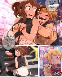 2girls bare_shoulders blonde_hair blush brown_hair comic double_bun farewell fellatio_gesture himiko_toga khyleri looking_back my_hero_academia ochako_uraraka on_knees pushing r.i.p. school_uniform suggestive suggestive_gesture sweater topwear yellow_eyes