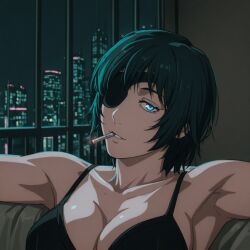 ai_generated armpit armpits bare_shoulders black_hair black_hair_female blue_eyes bra breasts breasts chainsaw_man cigarette cigarette_in_mouth city_background cleavage dark_hair eyepatch female_focus female_only himeno_(chainsaw_man) indoors laying_down light-skinned_female light_skin lingerie model_pose naughty_face nordinex5 pale-skinned_female perfect_body seductive seductive_body seductive_eyes seductive_gaze seductive_look seductive_mouth seductive_pose shiny_skin solo_female solo_focus stable_diffusion toned_female topless topless_female upper_body