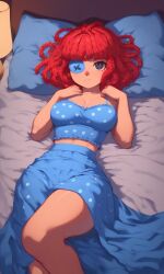 ai_generated bed bedroom black_eyes blue_clothing button_eye clothed doll female female fully_clothed in_bed indoors lamp pixai ragatha ragatha_(the_amazing_digital_circus) ragdoll red_hair solo the_amazing_digital_circus