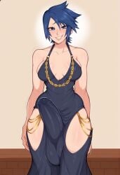 2d ai_generated aqua_(kingdom_hearts) balls ballsack bare_shoulders bashful big_penis big_testicles black_dress blue_dress blue_eyes blue_hair blush erection erection_under_clothes erection_under_dress fancy_clothing futa_focus futa_only futanari hourglass_figure hung hung_futanari large_penis large_testicles medium_breasts penis penis_under_clothes penis_under_dress short_hair smile spiked_hair testicles veiny_penis video_games