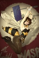 1girls applesauce_jack armpits avengers blue_eyes brown_hair bunnysuit condom flying headphones insect_wings janet_van_dyne pinup sabotaged_condom smiling the_avengers:_earth's_mightiest_heroes wasp_(earth's_mightiest_heroes) wasp_(marvel)