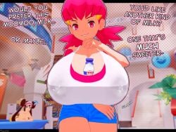 3d alternate_breast_size big_breasts breasts breasts_bigger_than_head cyshen huge_breasts human lactating_through_clothing lactation light-skinned_female light_skin moomoo_milk nintendo pokemon pokemon_bw2 pokemon_hgss rosa_(pokemon) smirk text wet_clothes whitney_(pokemon)