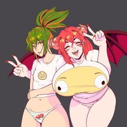 2girls big_breasts brown_eyes closed_eyes colombian dragon_girl dragon_horns dragon_scales dragon_wings emoji female female_focus flat_chest freckles gray_background green_hair green_nails hispanic hispanic_virtual_youtuber horn huge_breasts indie_virtual_youtuber kaysaak latam_virtual_youtuber light-skinned_female light_skin monochrome_background niikasauria panties peace_sign red_hair ryumivt scales shirt short_hair small_breasts smile smiling smiling_at_viewer thick_thighs twitch twitch.tv virtual_youtuber vtuber white_shirt yellow_eyes youtube youtube_hispanic