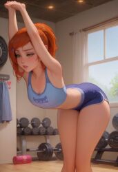 ai_generated ben_10 bent_over gwen_tennyson gym lovegwendolyn orange_hair red_hair sadtomato short_hair shorts sports_bra stretching workout_clothes