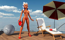 1girls 2014 3d ahsoka_tano alien alien_girl artist_name bare_shoulders big_breasts bikini bikini_bottom blue_eyes busty casual chair clone_wars curvy day death_star_beach_ball detailed_background erect_nipple erect_nipples eyelashes female female_only front_view half-dressed half_dressed high_heels holding_object hourglass_figure humanoid jedi jedi_padawan kondaspeter lifeguard mammal marking no_bra orange_skin outdoor outside pose posing public rescue_buoy shadow shiny shiny_skin solo spread_legs spreading standing star_wars swimsuit thong togruta topless voluptuous water wide_hips