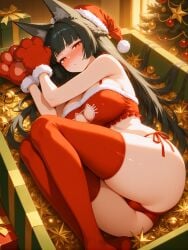 1girls ai_generated anthro bikini black_hair breasts christmas christmas_outfit fox fox_ears fox_girl gloves hoshimi_miyabi lingerie lying red_eyes santa_hat thighhighs zenless_zone_zero