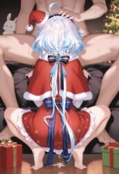 1boy 1girls ass barefoot blowjob christmas christmas_clothing christmas_outfit cum deepthroat face_fucking feet female furina_(genshin_impact) genshin_impact leaking_cum leaking_pussy naked_male petite petting petting_head santa_costume santa_hat squatting trembling