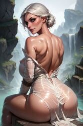 ai_generated ass back_view bathing big_ass breasts bubble_butt ciri female green_eyes kingleague68 light-skinned_female looking_at_viewer looking_back mascara scar solo the_witcher_(series) the_witcher_3:_wild_hunt wet_clothes white_dress white_hair