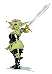 belt corset curvy female female_goblin goblin goblin_female leather pink_hair shortstack