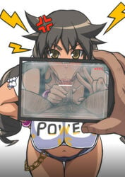 :>= anger_vein bare_shoulders black_hair blush breasts brown_eyes cleavage collarbone dark-skinned_female dark_skin denim denim_shorts erect_nipples fellatio female hands_on_hips juxtaposition large_breasts long_hair looking_at_viewer male_pubic_hair micro_shorts navel oral otoo_(izanagi) phone pubic_hair red_king shorts solo to-gnaniwa ultra_kaijuu_gijinka_keikaku ultraman_(franchise) v very_long_hair