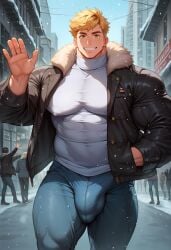 1boy 1male 1man abs ai_art ai_generated balls ballsack bara bara_tits big_cock big_pecs big_pectorals big_penis blonde_hair blonde_hair_male blonde_male bulge bulge_through_clothing cock cwhk flaccid flaccid_penis fully_clothed granblue_fantasy jacket large_cock large_pecs large_pectorals large_penis looking_at_viewer male male_only man_boobs man_tits moobs muscular muscular_male nipple_bulge nipple_outline nipples nipples_visible_through_clothing nutsack pecs pectorals penis pov scrotum smiling snow snowing testicles tight_clothes tight_clothing tight_pants tight_shirt turtleneck vane_(granblue_fantasy) waving waving_at_viewer waving_hand winter winter_clothes