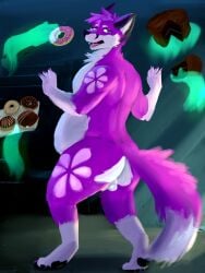 anthro ass backsack balls cake canid canine croccarnal dessert disembodied_hand doughnut feederism food fox genitals ghost_hand group hair hi_res looking_back male mammal nude open_mouth overweight overweight_male pastry penis solo_focus thick_thighs weight_gain