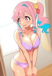 ai_generated artist_request bare_thighs bra flower_in_hair gigantic_breasts hozuki_kaede huge_bra huge_breasts huge_thighs light-skinned_female light_skin massive_breasts multicolored_hair onii-chan_wa_oshimai! pink_eyes pink_hair side_ponytail smiling solo_female squatting sweat sweatdrop thick_body thick_female thick_thighs thighs voluptuous voluptuous_female