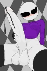 black_cum black_eyes black_legwear futanari meric purple_shirt white_skin