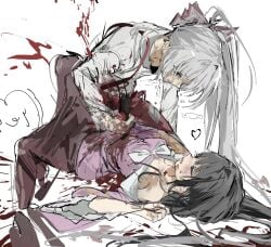 2girls black_hair blood blood_on_chest blood_on_clothes blood_on_ground blood_on_hands blood_on_weapon blood_splatter blunt_bangs bow bowtie closed_eyes clothing_cutout frills fujiwara_no_mokou hair_between_eyes hairbow heart heart_cutout high_ponytail highres hime_cut houraisan_kaguya injury light_blush long_hair long_sleeves looking_at_another lying messy_hair multiple_girls on_back sesmkun shirt simple_background stab sweatdrop touhou very_long_hair weapon white_background white_bow white_bowtie white_hair white_shirt yuri