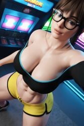 1girls 3d 3d_(artwork) abs ai_generated arcade bangs big_ass big_breasts brown_hair brown_hair glasses madz(oc) ponytail radnsad solo solo_female solo_focus thick_thighs