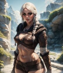 ai_generated braid breasts cameltoe cd_projekt_red ciri clothing collar female kingleague68 light-skinned_female looking_at_viewer mascara nipples_visible_through_clothing scar solo the_witcher_(series) the_witcher_4 white_hair