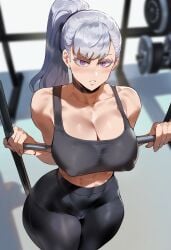 ai_generated black_clover breasts female female_focus female_only full_body fully_clothed gym gym_clothes gym_clothing gym_shirt gym_uniform meiogun nipples_visible_through_clothing noelle_silva purple_eyes silver_hair sports_bra sports_uniform