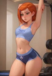 ai_generated ben_10 gwen_tennyson gym lovegwendolyn orange_hair red_hair sadtomato short_hair shorts sports_bra stretching workout_clothes