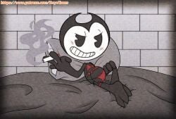 bendy bendy_and_the_dark_revival bendy_and_the_ink_machine bendy_the_dancing_demon bendydemon black_and_white cartoon cartoon_style cartoony cigarette demon greyscale hooves horns imp lingerie red_lingerie rubberhose smoke smoking smoking_cigarette toon toony