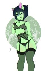 anthro belly_tattoo black_clothing black_hair blush breasts clothing domestic_cat felid feline felis female fingers_on_face green_body hair hand_behind_back hi_res legwear lingerie mammal one_eye_closed open_mouth small_breasts solo tattoo thigh_highs tserera wink