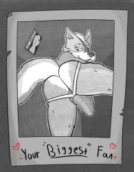 absurd_res anthro ass bulge canid canine canis clothing english_text eye_patch eyewear hi_res jockstrap low-angle_view male male_only mammal monochrome nintendo perineum polaroid_photo presenting solo star_fox syforg tail text underwear wolf wolf_o'donnell