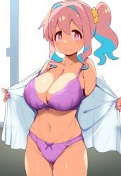 ai_generated artist_request bare_thighs bra flower_in_hair gigantic_breasts hozuki_kaede huge_bra huge_breasts huge_thighs light-skinned_female light_skin looking_at_viewer massive_breasts multicolored_hair onii-chan_wa_oshimai! pink_eyes pink_hair presenting_breasts side_ponytail smiling solo_female squatting sweat sweatdrop thick_body thick_female thick_thighs thighs voluptuous voluptuous_female