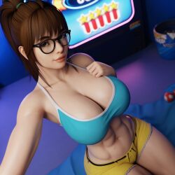 1girls 3d 3d_(artwork) abs ai_generated arcade bangs big_ass big_breasts brown_hair brown_hair glasses madz(oc) ponytail radnsad solo solo_female solo_focus thick_thighs