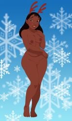 1girls accurate_art_style breasts christmas dark-skinned_female dark_skin disney embarrassed embarrassed_nude_female female female_only inusen lilo_and_stitch nani_pelekai nipples pussy solo solo_female