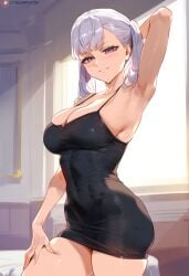 1girls ai_generated big_breasts black_clover blush breasts curvy dress geosan hair hi_res large_breasts looking_at_viewer noelle_silva purple_eyes royalty silver_hair skimpy smile thick_thighs thighs twintails twintails_(hairstyle)