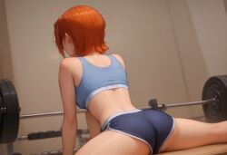 ai_generated back_view ben_10 from_behind gwen_tennyson gym lovegwendolyn orange_hair red_hair sadtomato short_hair shorts split sports_bra spread_legs stretching workout_clothes