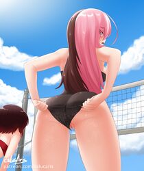 2girls ass ass_grab back_view bare_shoulders barefoot beach blush breasts brown_hair cslucaris embarrassed female female_only long_hair looking_at_viewer looking_back multicolored_hair multiple_girls neo_(rwby) one-piece_swimsuit open_mouth pink_eyes pink_hair pussy ruby_rose rwby sand solo_focus swimsuit two_tone_hair