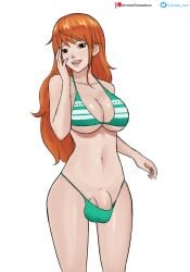 1futa balls big_breasts bikini bottomless breasts bulge clothed clothing flaccid futa_only futanari human leinadxxx light-skinned_futanari light_skin long_hair mostly_nude nami nami_(one_piece) navel one_piece orange_hair penis solo