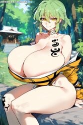 ai_generated big_breasts breasts forest forest_background green_hair hikage_(senran_kagura) huge_breasts large_breasts nipple_slip pale-skinned_female pale_skin seductive seductive_look senran_kagura short_hair tamagochiiii tattoo tattoos wide_hips