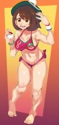 1girls absurdres armband bikini bra bracelet breasts brown_eyes brown_hair cashumeru feet female gloria_(pokemon) green_nails hat highres jewelry nail_polish nintendo poke_ball pokemon pokemon_ss swimsuit thick_thighs thighs underwear
