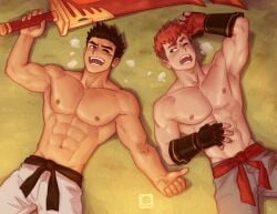 2boys abs armpits arms_up bara biceps black_hair male_focus male_only mondoart muscular_arms muscular_male pecs raeyr red_hair shirtless sweat sweatdrop sweating sweaty sweaty_body