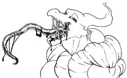 abomination_jones anthro black_tongue ghost head_reeled_back long_tongue male_only monochrome muscular open_mouth prehensile_tongue presenting_tongue redpyrodragon slime spectre stitched_mouth traditional_media_(artwork) victoria_viper