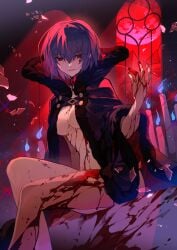 absurdres blood blood_on_body blood_on_hands blue_cloak blue_hair breasts candle chinese_commentary ciel_(tsukihime) cloak commentary_request elesia_(tsukihime) feet_out_of_frame female glass_shards highres indoors large_breasts looking_at_viewer michael_roa_valdamjong naked possessed possession red_eyes red_light revealing_clothes second-party_source short_hair sitting smile solo stained_glass tsukihime tsukihime_(remake) window youling_keke