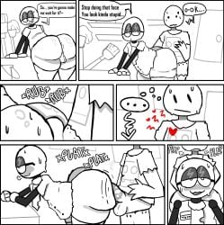 ass ass_focus bedroom_eyes comic_page comic_panel comic_strip el_sick english_text femboy femboy_ass gray_skin grey_skin heart_beating looking_at_partner moaning nerd nerdy plapping rubbing_ass rubbing_ass_on_penis rubbing_penis smiling speech_bubble speech_bubbles tagme_(character)