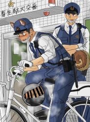 2boys 4_ears bicycle big_bulge big_penis blush blushing_profusely brown_eyes brown_fur bulge bulge_through_clothing canine canine_ears canine_humanoid canine_tail censor_bar censored censored_penis crossed_arms embarrassed erection erection_under_clothes estrus foreskin foreskin_folds fur furry_tail gay gloves grey_eyes hi_res humanized humanoid_penis imokuma male male_only mature_male necktie original original_character pointless_censoring police police_hat police_officer police_station police_uniform retracted_foreskin rolled_up_sleeves see-through sitting standing steam steamy_breath steamy_penis surgical_mask tail thick_penis uncircumcised uncut veiny_penis vest yaoi