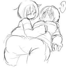 !? 2girls ass blush busty chara charisk cute female_chara female_frisk frisk half-closed_eyes large_breasts petronoise sketch toby_fox undertale yuri