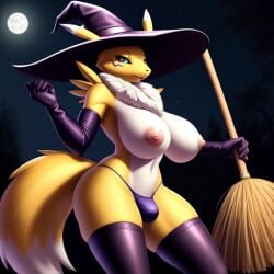 ai_generated big_breasts broom busty frosting.ai futanari hat huge_breasts renamon sleeves thick_thighs thighhighs trick_or_treat witch witch_costume witch_hat