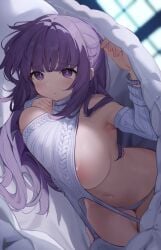 1girls bed_invitation bedroom belly_button big_breasts blanket blush female female_only fern_(sousou_no_frieren) hand_on_breast huge_breasts inverted_nipples looking_at_viewer nahaki pout purple_eyes purple_hair solo sousou_no_frieren thighs unamused under_covers virgin_killer_sweater white_panties