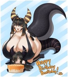 2girls all_fours bare_shoulders big_breasts bigger_female birthday black_hair breasts_bigger_than_head busty busty_female dragon_girl dragon_horns dragon_humanoid dragon_tail duo duo_female duo_focus enormous_breasts female_on_top gigantic_breasts hair_between_eyes hair_over_one_eye happy_birthday hime_cut huge_breasts humongous_breasts kalmoire large_breasts light-skinned_female light_skin massive_breasts on_all_fours original_character overflowing_breasts reptile_tail skindentation skull_crushing_thighs smaller_female tail tank_top text thick_thighs thunder_thighs watermark yellow_eyes