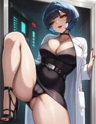 ai_generated anime anime_style ass ass ass_focus atlus blue_hair cameltoe cute dress jrpg manga persona persona_5 pussy sega sexy short_hair spread_legs tae_takemi takemi_tae video_game_character video_games