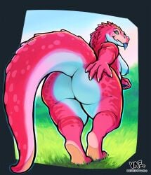 anthro ass bent_over big_breasts big_butt big_tail blue_nipples blue_tongue breasts crocodile crocodilian female grass green_eyes hi_res huge_butt looking_at_viewer looking_back looking_back_at_viewer nipples outside plant reptile scalie smile solo standing tail thick_tail thick_thighs tongue tongue_out vateo