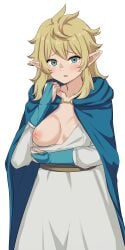 1girls arm_under_breasts blonde_hair blue_cape blue_eyes blue_gloves blush breasts cape clothes_pull collarbone cowboy_shot crying crying_with_eyes_open delicious_in_dungeon dress dress_pull dungeon_meshi elbow_gloves elf eyebrows eyelashes female_focus fingerless_gloves fionil gloves grey_dress hand_up highres hood hood_down hooded_cape long_hair long_sleeves looking_at_viewer medium_breasts nipples one_breast_out open_mouth pointy_ears pov pulling_own_clothes scared shipua_(the_worst_night_ever) simple_background solo standing strapless strapless_dress tears wavy_hair white_background