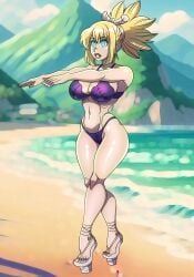 beach bikini blonde_hair dr.stone empty_eyes expressionless female_only femsub hair_ornament high_heels hypnosis kohaku_(dr.stone) large_breasts navel open_mouth sandals zombie_walk zorro-zero