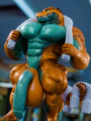 2024 3d_(artwork) abs anthro balls bedroom_eyes big_balls big_muscles big_penis blue_body blue_scales crocodile crocodilian digital_media_(artwork) flaccid foreskin genitals grin gym hi_res huge_balls huge_cock humanoid_genitalia humanoid_penis inside looking_at_viewer male muscular muscular_male narrowed_eyes nude orange_body orange_scales pecs penis reptile scales scalie seductive smile snekkuu solo standing towel vein veiny_penis zheko